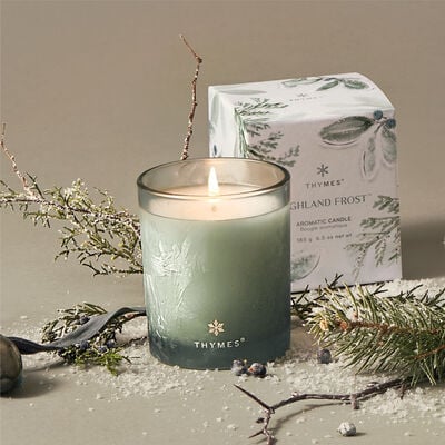 Thymes Highland Frost Boxed Votive Candle with box and styled